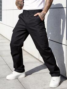 Manfinity Homme Men's Black Long Pants, Multi-Pocket Cargo Pants, Loose Casual Versatile Fashion Trousers - Black - View 3