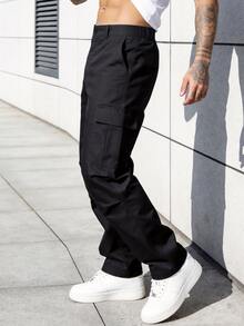 Manfinity Homme Men's Black Long Pants, Multi-Pocket Cargo Pants, Loose Casual Versatile Fashion Trousers - Black - View 4