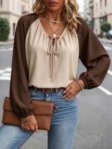 EMERY ROSE Plus Tie Neck Lantern Sleeve Blouse Fall Cloth For Women - Multicolor - View 4