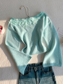 Comfortcana Áo len nữ phong cách ngọt ngào tươi mới phối ren vai bất đối xứng - Màu xanh ngọc - Xem 8