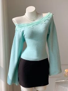 Comfortcana Áo len nữ phong cách ngọt ngào tươi mới phối ren vai bất đối xứng - Màu xanh ngọc - Xem 6