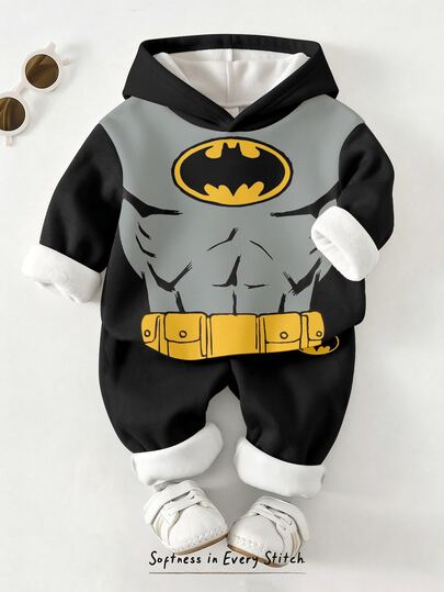 BATMAN X SHEIN 2pcs Baby Boy Cartoon Bat Pattern Hooded Long Sleeve Fleece Sweatshirt And Matching Sweatpants Set, Suitable For Autumn/Winter