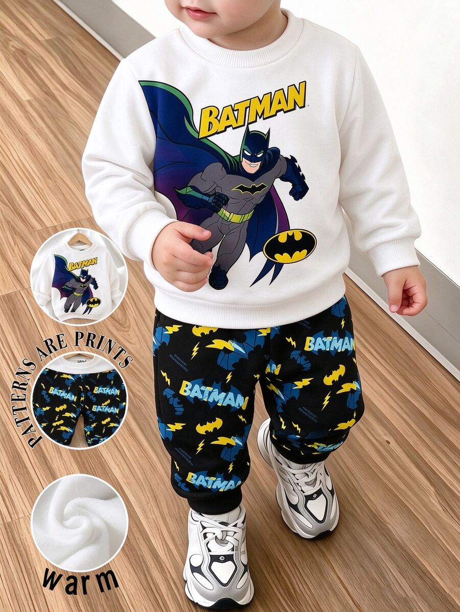 BATMAN X SHEIN 2件組男嬰卡通蝙蝠圖案圓領長袖抓絨衛衣與印花酷運動長褲套裝，適合秋季，白黑配色 - 彩色 - 查看 1