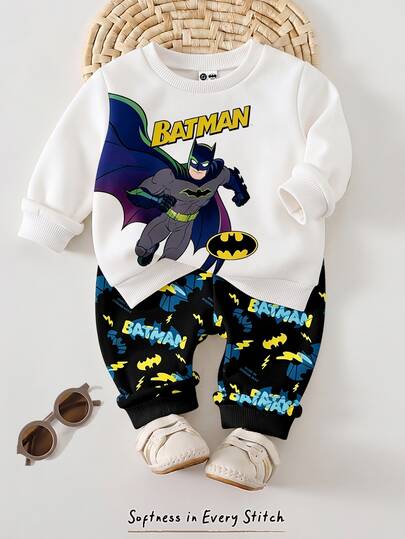 BATMAN X SHEIN 2pcs Baby Boy Cartoon Bat Pattern Crew Neck Long Sleeve Fleece Sweatshirt And Printed Cool Sweatpants Set, Suitable For Fall, White Black