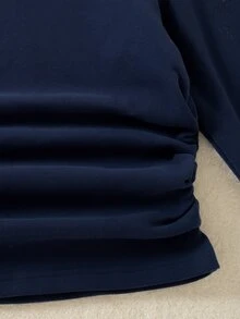 SHEIN 海軍藍極簡可愛純色套裝，圓領抓褶長袖上衣配寬腿褲，秋季休閒家庭度假風 - 藏蓝色 - 查看 7