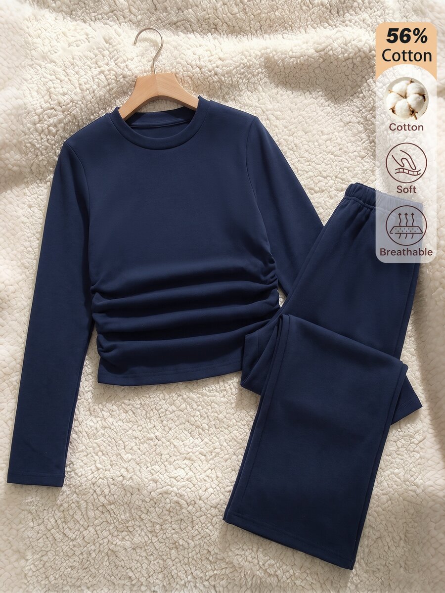 SHEIN 海軍藍極簡可愛純色套裝，圓領抓褶長袖上衣配寬腿褲，秋季休閒家庭度假風