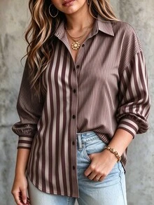 Elenzga Plus Size Women's Colorful Striped Patchwork Shirt Dress, Elegant And Exquisite For Autumn/Winter And All Seasons, Suitable For Commuting And Daily Wear - Multicolor - View 5