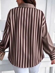 Elenzga Plus Size Women's Colorful Striped Patchwork Shirt Dress, Elegant And Exquisite For Autumn/Winter And All Seasons, Suitable For Commuting And Daily Wear - Multicolor - View 2