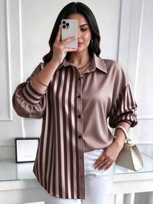 Elenzga Plus Size Women's Colorful Striped Patchwork Shirt Dress, Elegant And Exquisite For Autumn/Winter And All Seasons, Suitable For Commuting And Daily Wear - Multicolor - View 1