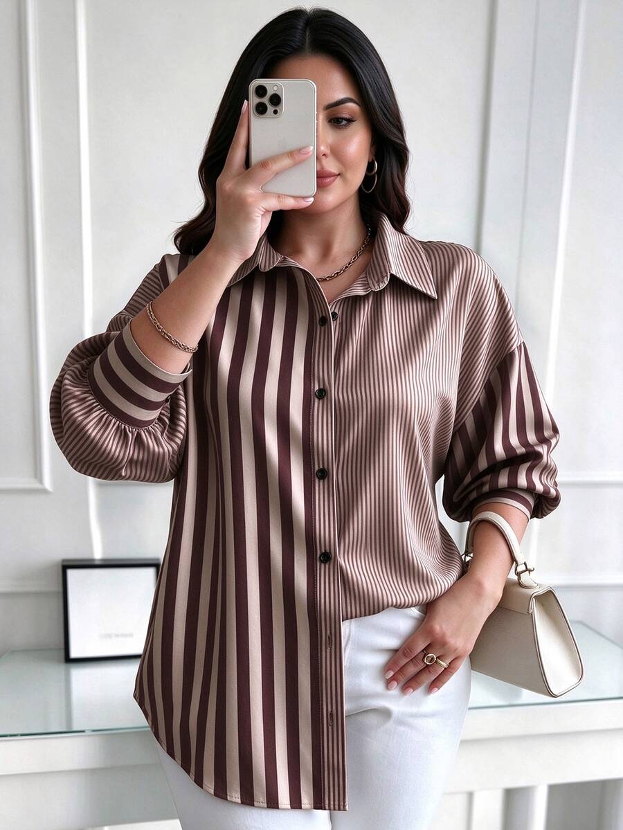 Elenzga Plus Size Women's Colorful Striped Patchwork Shirt Dress, Elegant And Exquisite For Autumn/Winter And All Seasons, Suitable For Commuting And Daily Wear - Multicolor - View 1