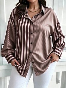 Elenzga Plus Size Women's Colorful Striped Patchwork Shirt Dress, Elegant And Exquisite For Autumn/Winter And All Seasons, Suitable For Commuting And Daily Wear - Multicolor - View 3