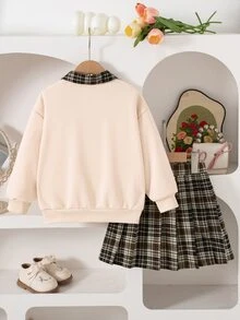 SHEIN 2件組 春/秋返校季 米色棕色格紋大學休閒風 中厚磅衛衣布料熊貼布繡衛衣/格紋百褶裙，適合學校、外出、拍照、購物、休閒穿著、日常出遊，女孩可拆卸百搭少女服裝套裝 - 彩色 - 查看 2