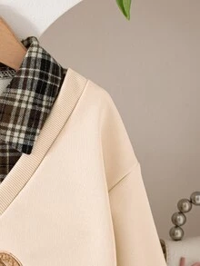 SHEIN 2件組 春/秋返校季 米色棕色格紋大學休閒風 中厚磅衛衣布料熊貼布繡衛衣/格紋百褶裙，適合學校、外出、拍照、購物、休閒穿著、日常出遊，女孩可拆卸百搭少女服裝套裝 - 彩色 - 查看 8