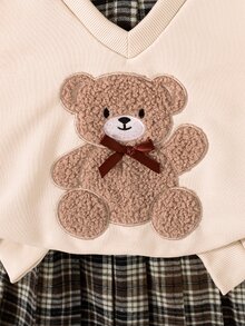 SHEIN 2件組 春/秋返校季 米色棕色格紋大學休閒風 中厚磅衛衣布料熊貼布繡衛衣/格紋百褶裙，適合學校、外出、拍照、購物、休閒穿著、日常出遊，女孩可拆卸百搭少女服裝套裝 - 彩色 - 查看 6