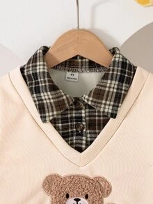 SHEIN 2件組 春/秋返校季 米色棕色格紋大學休閒風 中厚磅衛衣布料熊貼布繡衛衣/格紋百褶裙，適合學校、外出、拍照、購物、休閒穿著、日常出遊，女孩可拆卸百搭少女服裝套裝 - 彩色 - 查看 5