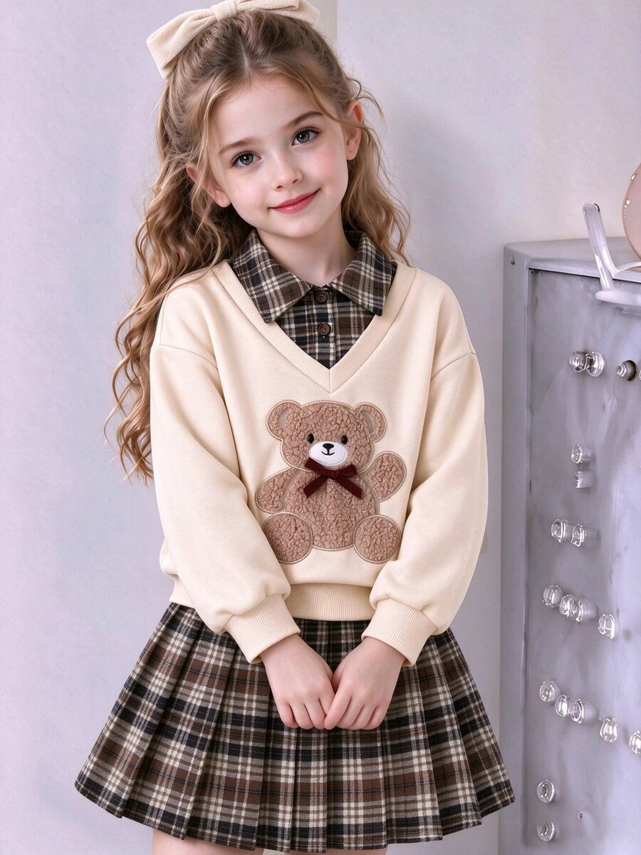 SHEIN 2件組 春/秋返校季 米色棕色格紋大學休閒風 中厚磅衛衣布料熊貼布繡衛衣/格紋百褶裙，適合學校、外出、拍照、購物、休閒穿著、日常出遊，女孩可拆卸百搭少女服裝套裝 - 彩色 - 查看 1