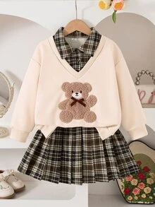 SHEIN 2件組 春/秋返校季 米色棕色格紋大學休閒風 中厚磅衛衣布料熊貼布繡衛衣/格紋百褶裙，適合學校、外出、拍照、購物、休閒穿著、日常出遊，女孩可拆卸百搭少女服裝套裝 - 彩色 - 查看 7