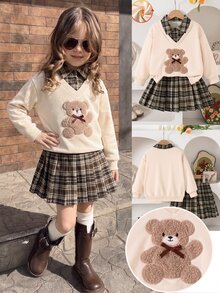 SHEIN 2件組 春/秋返校季 米色棕色格紋大學休閒風 中厚磅衛衣布料熊貼布繡衛衣/格紋百褶裙，適合學校、外出、拍照、購物、休閒穿著、日常出遊，女孩可拆卸百搭少女服裝套裝 - 彩色 - 查看 3
