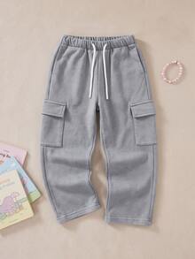 SHEIN 女童幼兒牛仔褲 秋季新品 嬰兒藍 鬆緊腰帶附抽繩 大口袋設計 寬鬆版型 輕盈柔軟針織丹寧布 - 灰色 - 查看 2