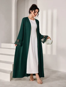 Yasmyna Elegant Filipiniana Modest Lace Cuff Design Women's Arabic Abaya Christening Guest Ninang Wedding Night Fall White - Dark Green - View 9