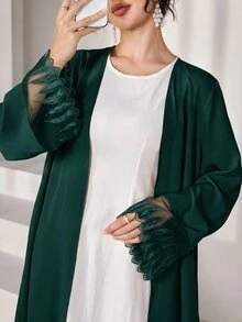 Yasmyna Elegant Filipiniana Modest Lace Cuff Design Women's Arabic Abaya Christening Guest Ninang Wedding Night Fall White - Dark Green - View 4