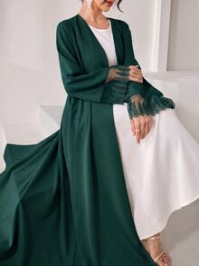 Yasmyna Elegant Filipiniana Modest Lace Cuff Design Women's Arabic Abaya Christening Guest Ninang Wedding Night Fall White - Dark Green - View 6