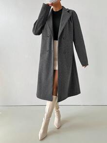 SHEIN Women's Casual Solid Color Double-Breasted Overcoat, Autumn/Winter Fall Cloth For Women - Grey - View 4