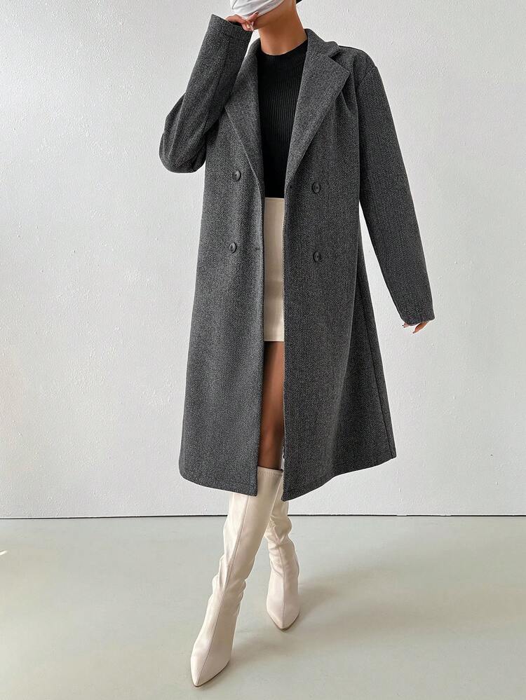 SHEIN Women's Casual Solid Color Double-Breasted Overcoat, Autumn/Winter Fall Cloth For Women - Grey - View 4