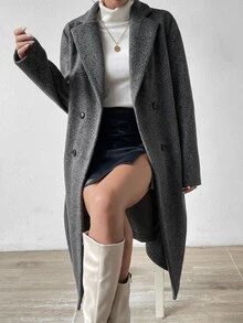 SHEIN Women's Casual Solid Color Double-Breasted Overcoat, Autumn/Winter Fall Cloth For Women - Grey - View 1