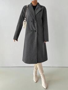 SHEIN Women's Casual Solid Color Double-Breasted Overcoat, Autumn/Winter Fall Cloth For Women - Grey - View 7