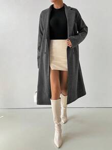 SHEIN Women's Casual Solid Color Double-Breasted Overcoat, Autumn/Winter Fall Cloth For Women - Grey - View 6