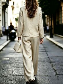 SHEIN Women's Spring/Autumn New Chinese Style Stand Collar Contrast Trim Set, Textured Long Sleeve Top And Wide Leg Pants 2 Pieces Outfit, Commute, Work, Daily, Tea Ceremony Party Wear, Elegant And Professional, Minimalist And Sophisticated - Apricot - View 5