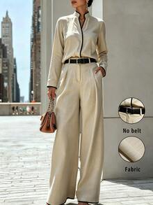 SHEIN Women's Spring/Autumn New Chinese Style Stand Collar Contrast Trim Set, Textured Long Sleeve Top And Wide Leg Pants 2 Pieces Outfit, Commute, Work, Daily, Tea Ceremony Party Wear, Elegant And Professional, Minimalist And Sophisticated - Apricot - View 2