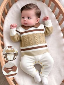 SHEIN Tween Girl Cute Knit Solid Pocket Long Sleeve Round Neck Slim Fit Wide Leg Bodysuit Pants Outfit Set Autumn Thanksgiving Club White - White - View 1