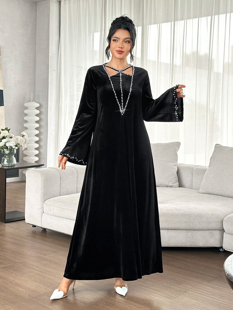 Yasmyna Áo choàng dài nhung đen phong cách Trung Đông mùa thu, đính đá rhinestone, tay dài, chân váy xòe rộng, váy dạ hội Muslim kín đáo cho tiệc Ninang và đêm cưới - màu đen - Xem 6