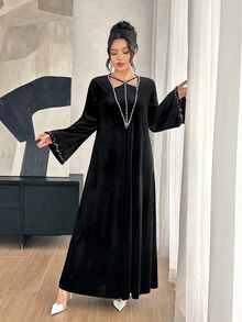 Yasmyna Fall Black Velvet Middle Eastern Long Robe, Rhinestone Embellished Long Sleeve Full Skirt Muslim Evening Dress, Party Ninang Wedding Night Gown Modest - Black - View 8