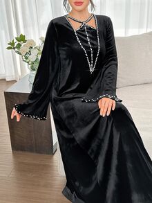 Yasmyna Fall Black Velvet Middle Eastern Long Robe, Rhinestone Embellished Long Sleeve Full Skirt Muslim Evening Dress, Party Ninang Wedding Night Gown Modest - Black - View 4