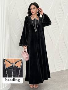 Yasmyna Fall Black Velvet Middle Eastern Long Robe, Rhinestone Embellished Long Sleeve Full Skirt Muslim Evening Dress, Party Ninang Wedding Night Gown Modest - Black - View 3