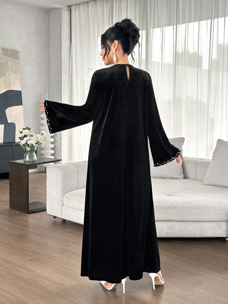 Yasmyna Áo choàng dài nhung đen phong cách Trung Đông mùa thu, đính đá rhinestone, tay dài, chân váy xòe rộng, váy dạ hội Muslim kín đáo cho tiệc Ninang và đêm cưới - màu đen - Xem 2