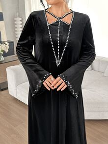 Yasmyna Fall Black Velvet Middle Eastern Long Robe, Rhinestone Embellished Long Sleeve Full Skirt Muslim Evening Dress, Party Ninang Wedding Night Gown Modest - Black - View 7