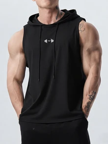 Gym Rark Men's Casual Versatile Drawstring Hooded Sports Tank Top, Gym - Black - View 1