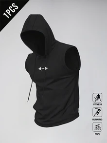 Gym Rark Men's Casual Versatile Drawstring Hooded Sports Tank Top, Gym - Black - View 3