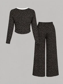 Tween Girls 2 Pcs Black Leopard Print White Bow Ruched Waist Long Sleeve T-Shirt & Wide Leg Pants Set, Black Top, Winter Outfits - Multicolor - View 2