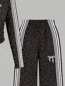 Tween Girls 2 Pcs Black Leopard Print White Bow Ruched Waist Long Sleeve T-Shirt & Wide Leg Pants Set, Black Top, Winter Outfits - Multicolor - View 5