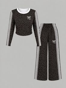 Tween Girls 2 Pcs Black Leopard Print White Bow Ruched Waist Long Sleeve T-Shirt & Wide Leg Pants Set, Black Top, Winter Outfits - Multicolor - View 3