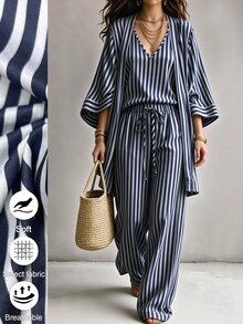 Linhara CURVE 大尺碼女款條紋細肩帶上衣、長褲與開襟外套休閒套裝 - 藍色 - 查看 5