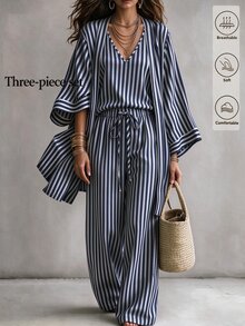 Linhara CURVE 大尺碼女款條紋細肩帶上衣、長褲與開襟外套休閒套裝 - 藍色 - 查看 3