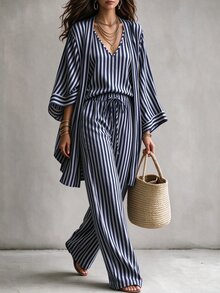 Linhara CURVE 大尺碼女款條紋細肩帶上衣、長褲與開襟外套休閒套裝 - 藍色 - 查看 7