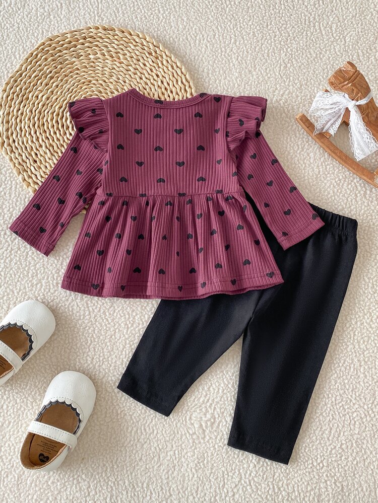 SHEIN Setelan Bayi Baru Lahir Musim Gugur/Dingin, Atasan Pullover Lengan Panjang Rajut Motif Hati Warna Burgundy Lembut dengan Hiasan Pita Hitam dan Celana Panjang Slim Fit Campuran Katun dengan Hiasan Pita Hitam, 2 Potong, Cocok untuk Jalan-jalan, Santai, Olahraga, Pesta Natal - MultiWarna - View 2