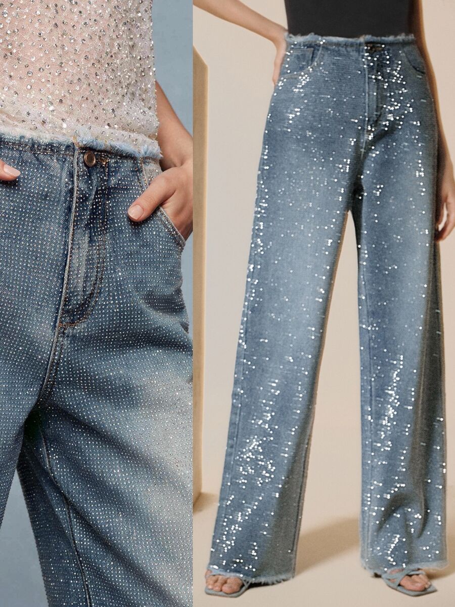 Savoree High Stretch Rhinestone Decorated Straight Cut Frayed Hem Fashion Jeans